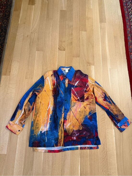 Other - Abstract Paint-Splatter Button-Up Shirt in Blue, Yellow, Red